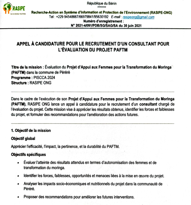 📢 APPEL À CANDIDATURE – CONSULTANT(E) POUR L’ÉVALUATION DU PROJET PAFTM